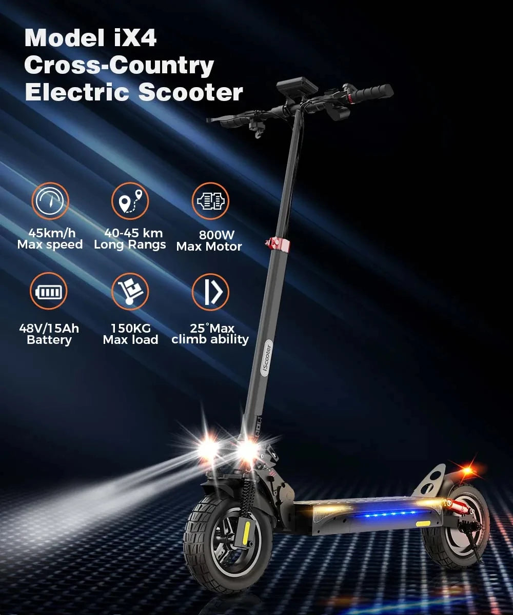 iScooter iX4 Electric Scooter 800W Smart EScooter 48V 15Ah LCD Display 10 Inch Off Road Tire Foldable Adult Electric Skateboard