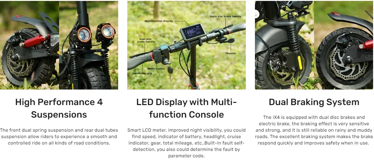 iScooter iX4 Electric Scooter 800W Smart EScooter 48V 15Ah LCD Display 10 Inch Off Road Tire Foldable Adult Electric Skateboard