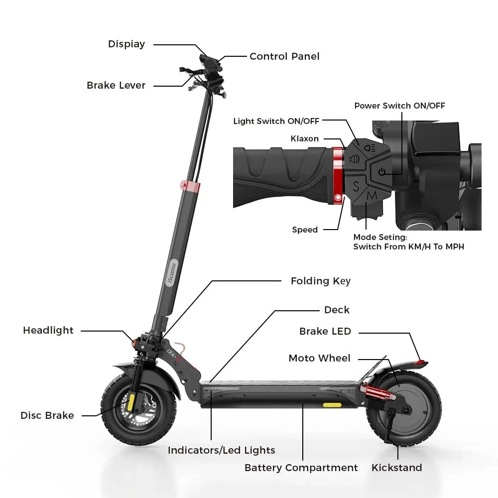 iScooter iX4 Electric Scooter 800W Smart EScooter 48V 15Ah LCD Display 10 Inch Off Road Tire Foldable Adult Electric Skateboard