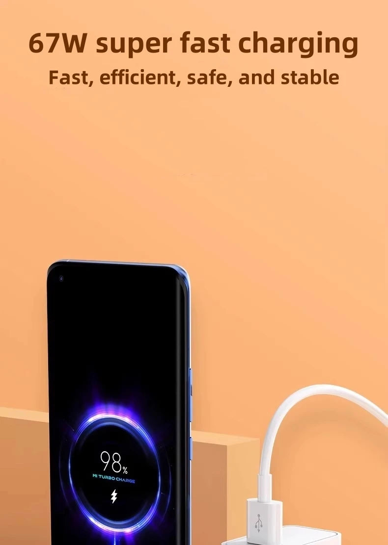 67W USB Fast Charger for Xiaomi 14 13 12 11 10 Ultra Redmi Note 12T 13 Pro Turbo Quick Charge Type C USB Charging Cable